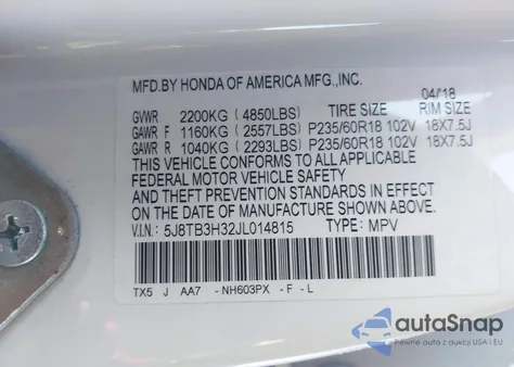2018 Acura Rdx Acurawatch Plus Package from USA, damaged, VIN 5J8TB3H32JL014815